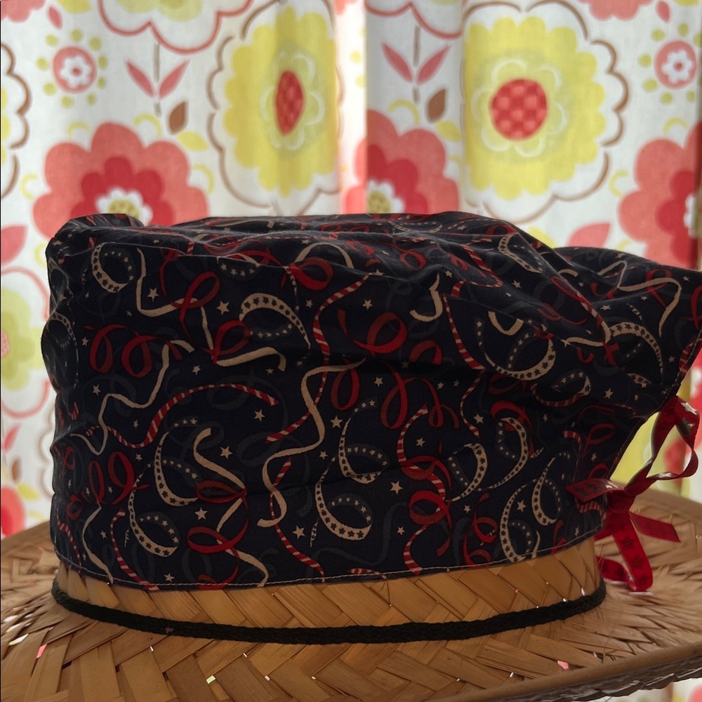 Red, white, blue ribbons scrub cap.